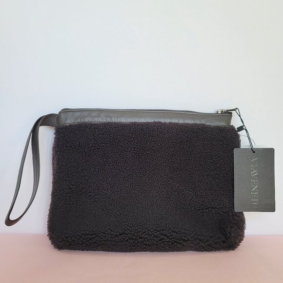 VIAVENETO Delilah Curly Lambskin Shearling Large Pouch/Wristlet- Chocolate Brown - Picture 1 of 16